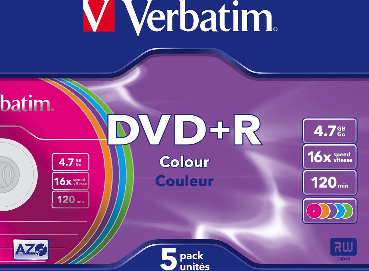 Verbatim DVD+R Colour 4.7GB DVD+R 5stuk(s)