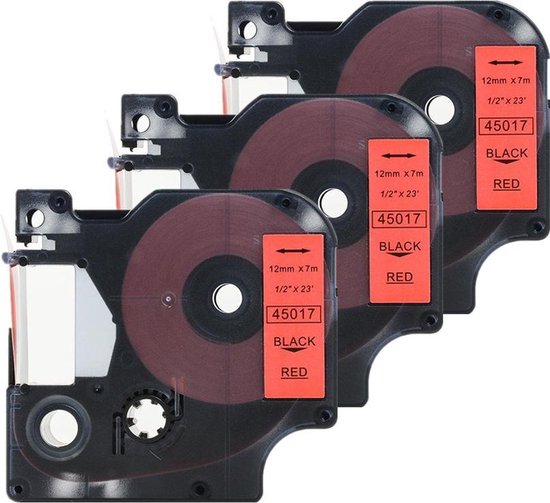 3x D1 standaard labels Dymo 45017 Zwart op rood / 12mm x 7m / Compatibele met Dymo LabelManager 450D