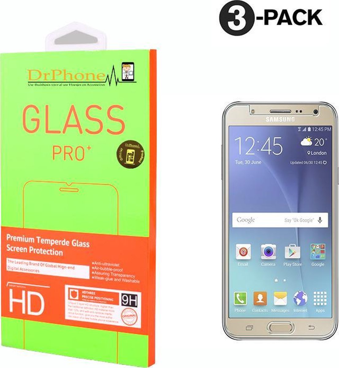 DrPhone 3 x J7 2016 Glas - Glazen Screen protector - Tempered Glass 2.5D 9H (0.26mm)
