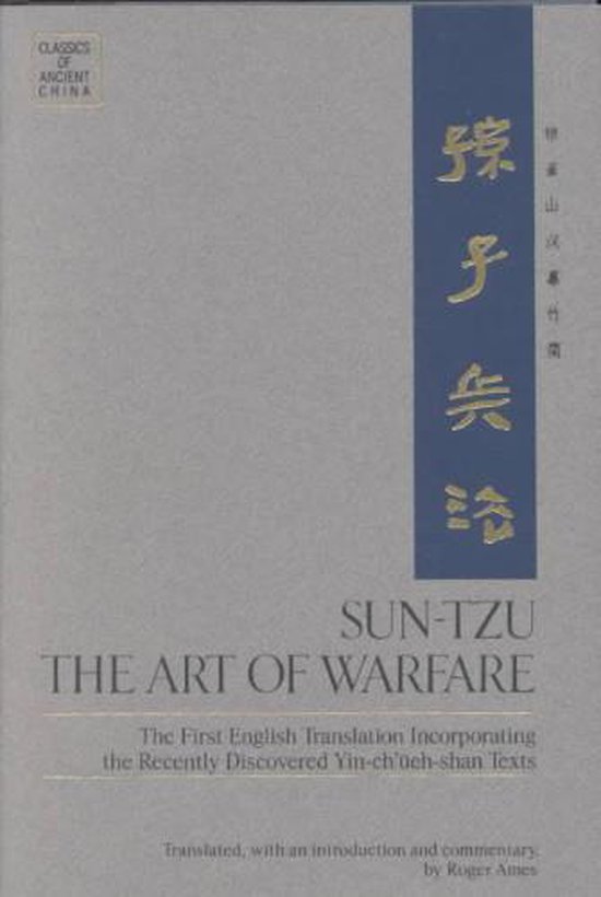 Boekcover van 'The Art of Warfare' van Sun-Tzu, met Chinese karakters op een blauwe band.