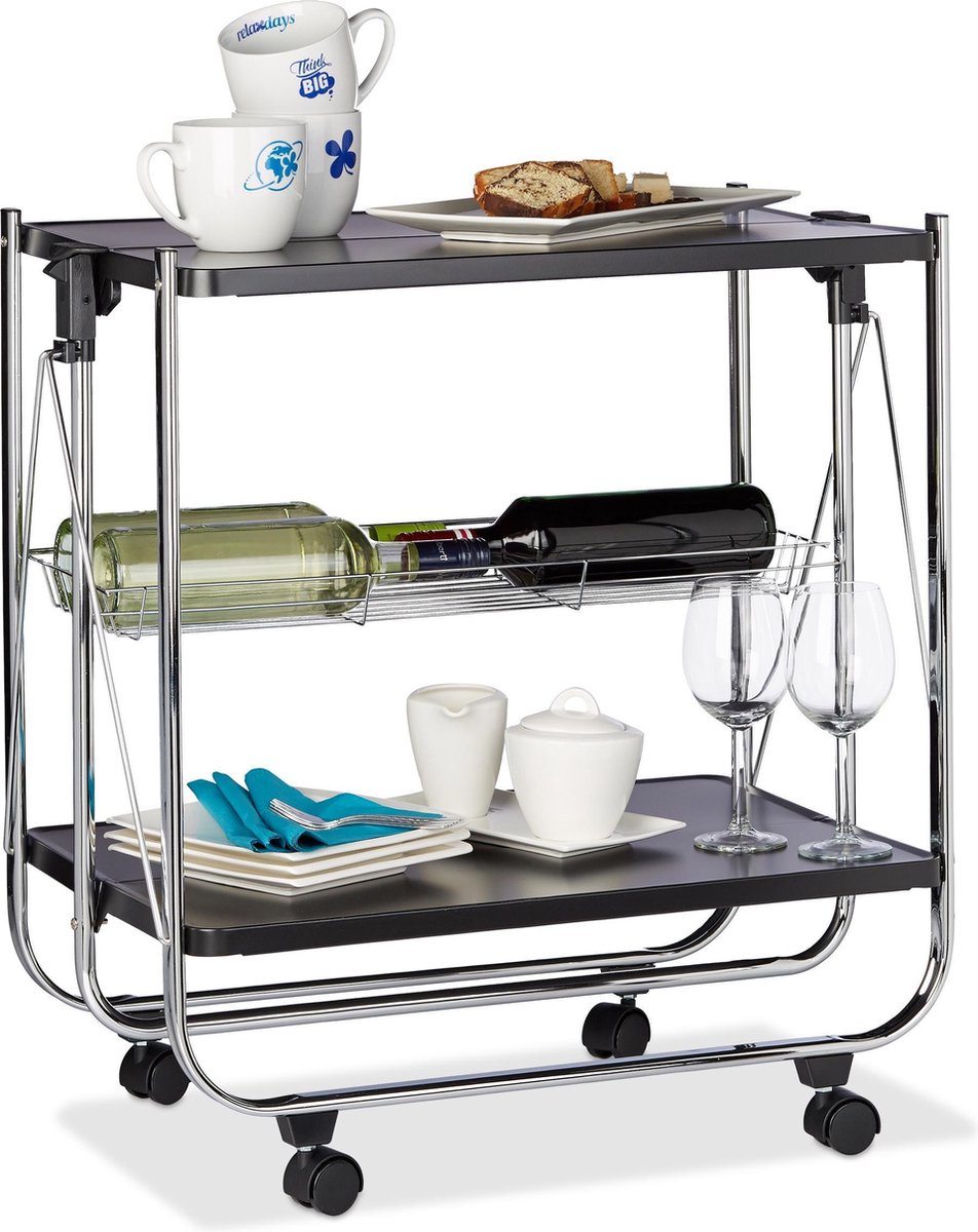 Relaxdays - serveerwagen opklapbaar - metalen keukenwagen - 2 planken - wieltjes - zwart