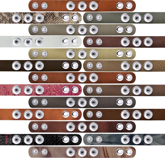 Collage van meerdere leren banden in verschillende kleuren en patronen, met zilverkleurige drukknoppen.