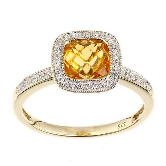 9k Geel Gouden Diamant en Citrien Vierkant Cut Edelsteen Ring | bol.com
