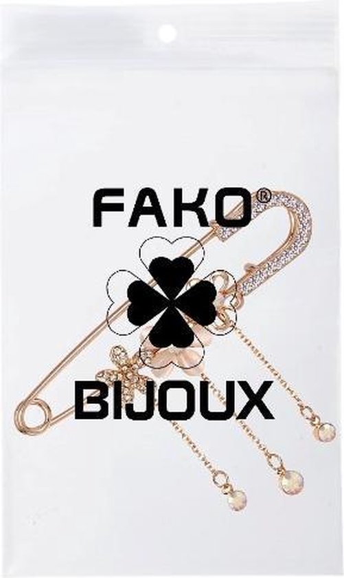 Goudkleurige veiligheidsspeld met kristallen bloemen en hangende druppels. FAKO BIJOUX logo zichtbaar.