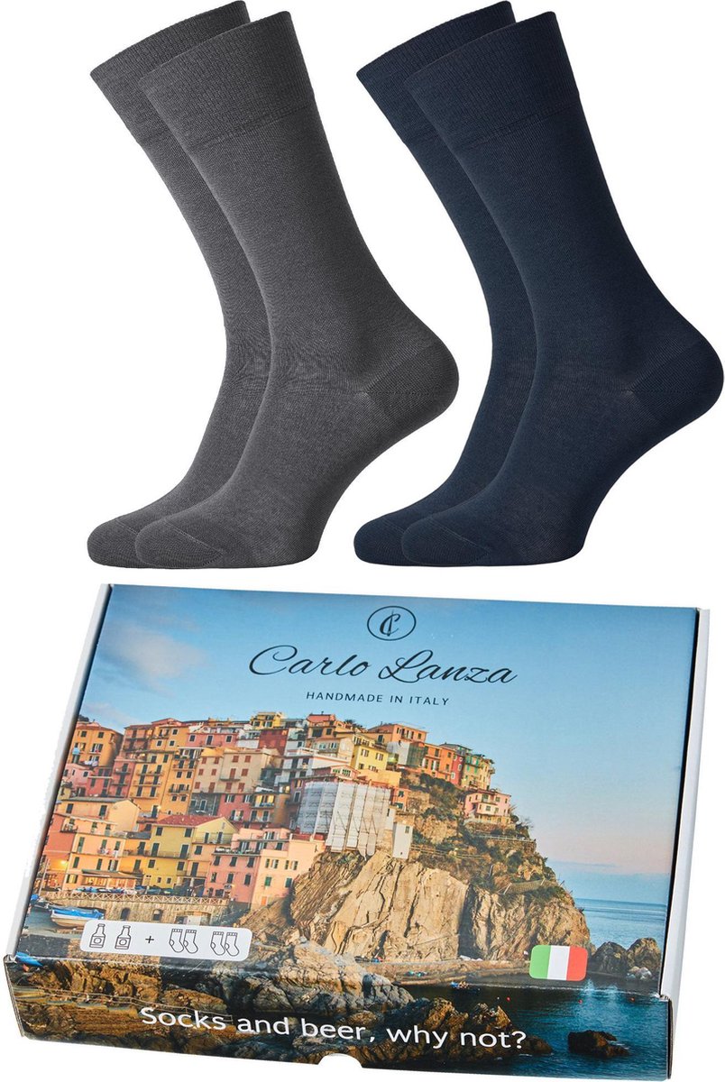 Heren cadeaubox: Carlo Lanza Italiaans pakket bier met sokken blauw en  grijs | bol.com