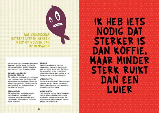 Paarse, visachtige figuur met grote ogen en rode achtergrond met witte stippen. Tekst erboven.