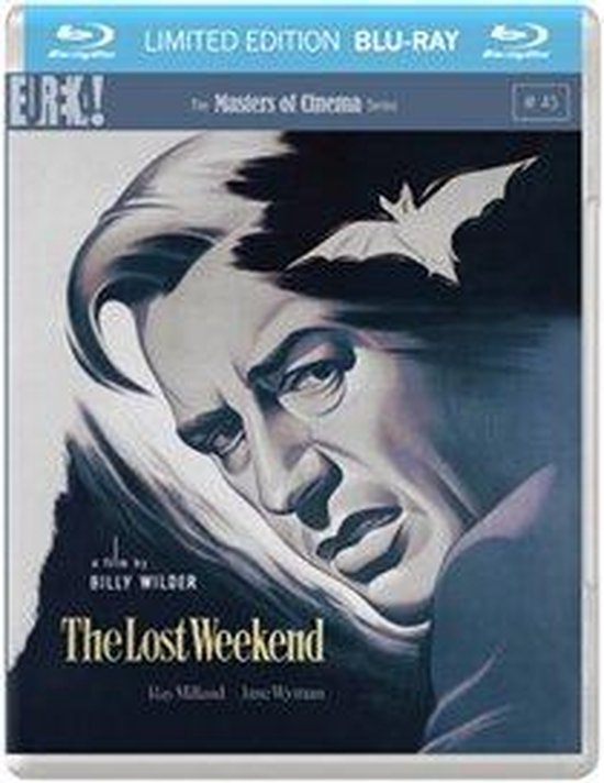 Blu-ray Limited Edition van The Lost Weekend, een film van Billy Wilder. De cover toont een illustratie van een man met een vleermuis.