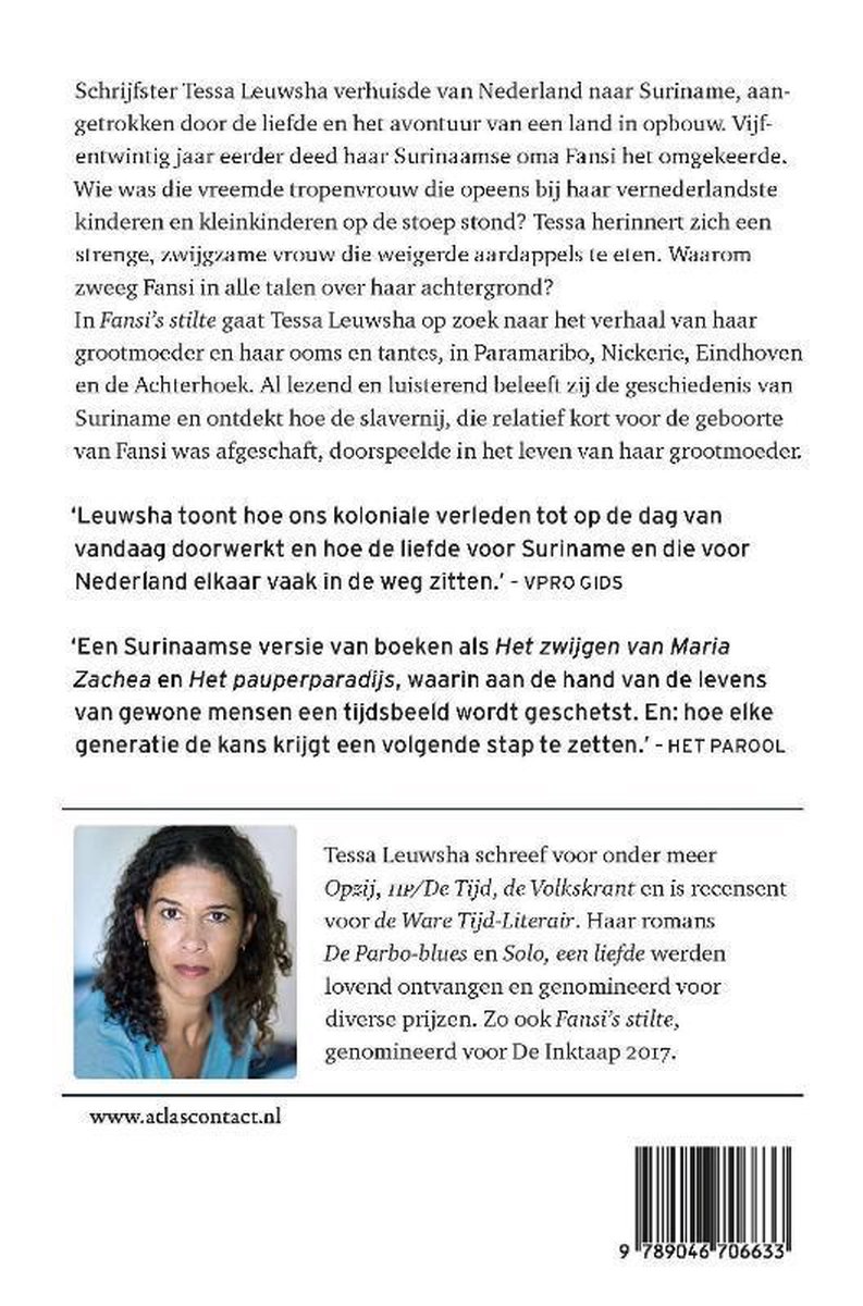 Boekcover met foto van Tessa Leeuwsha en tekst over haar boek 'Fansi's stilte'.