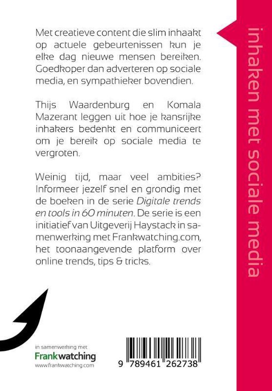 Achterkant boek "Inhaken met sociale media in 60 minuten" met tekst en een haak.