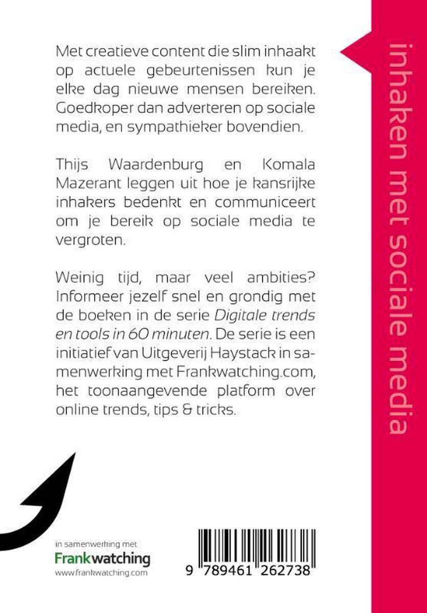 Achterkant boek "Inhaken met sociale media in 60 minuten" met tekst en een haak.