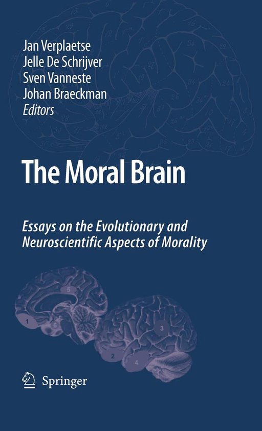 Boekomslag van 'The Moral Brain' met afbeeldingen van hersenen en de titel in witte letters. Geschreven door Jan Verplaetse en anderen.
