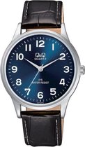 Q&Q C214J315Y - Horloge - Analoog - Heren - Mannen - Leren band - Rond - Metaal - Cijfers - Zwart - Zilverkleurig - Blauw - 3 ATM