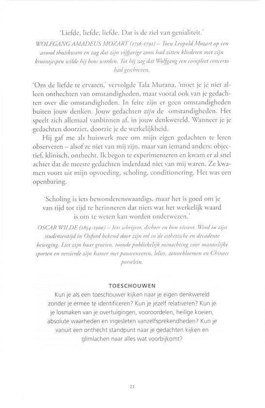 Pagina uit een boek met citaat van Mozart en tekst over gedachten.