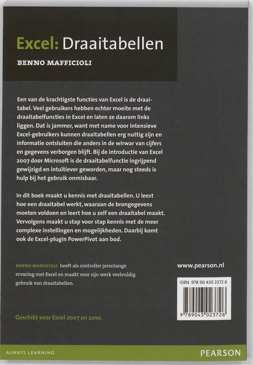 Achterkant van het boek 'Excel: Draaitabellen' met tekst en logo's van Pearson en Always Learning.