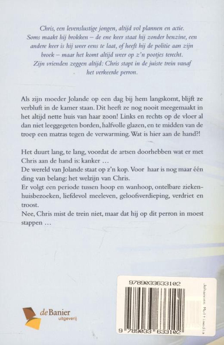 Achterkant van het boek 'De juiste trein vanaf het verkeerde perron' met tekst en ISBN-barcode.