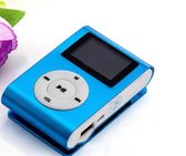 Mini clip MP3 speler FM radio met display Blauw en in-ear koptelefoon