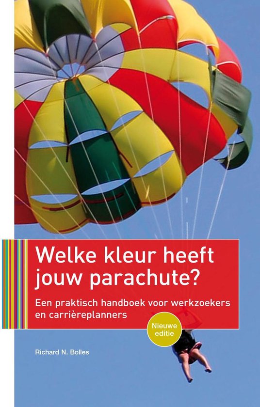 Cover van het boek 'Welke kleur heeft jouw parachute?', met een parachute in de lucht en parachutist.