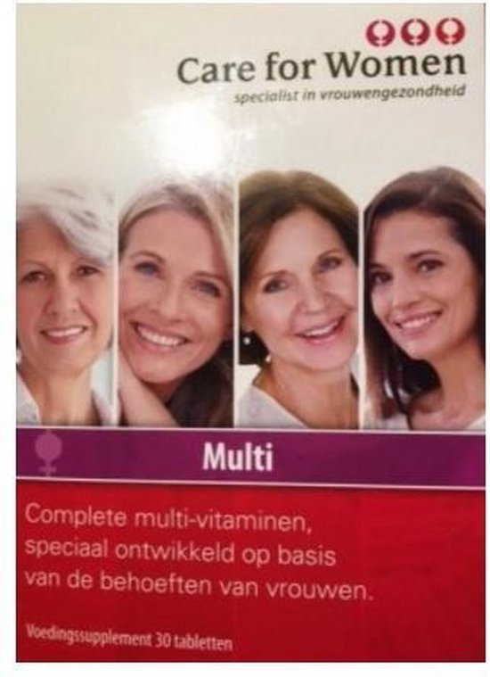 Care for Women Multi: Doos met 30 tabletten. Afbeelding van 4 lachende vrouwen.