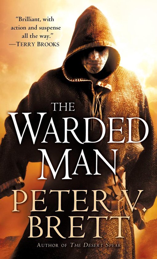 Boekomslag van 'The Warded Man' door Peter V. Brett, met een figuur in een kapmantel.