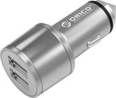 Orico - Aluminium Autolader met beveiligingshamer - 2 USB Type-A laadpoorten - 3.1A - 12-24V - Zilver