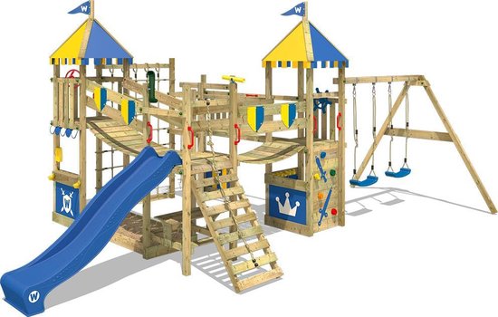 WICKEY speeltoestel ridderkasteel Smart Queen met schommel, blauw-geel zeil & blauwe glijbaan, outdoor kinderklimtoren met zandbak, ladder & speelaccessoires voor de tuin