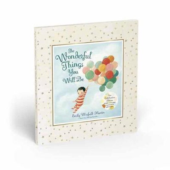 Boek met als titel 'The Wonderful Things You Will Be', met een jongen die omhoog zweeft aan gekleurde ballonnen.