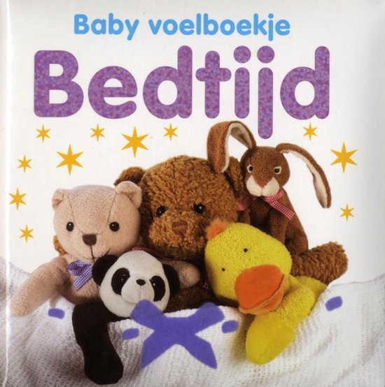Baby voelboekje Bedtijd met teddybeer, panda, konijn en eendje omringd door sterren.