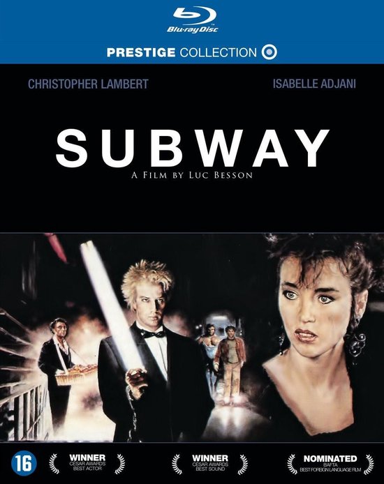 Blu-ray-hoes voor de film 'Subway' met Christopher Lambert en Isabelle Adjani. Film poster toont hoofdrolspelers. Winnaar Beste Acteur, Beste Geluid.