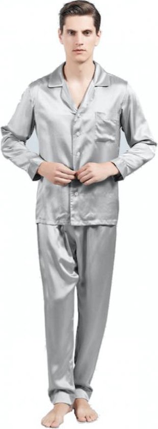Heren zijden pyjama set (lange mouwen, lange broek), Parelmoer grijs, M