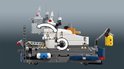 Opbouw van LEGO-onderzoeksboot met kranen, op grijze achtergrond.