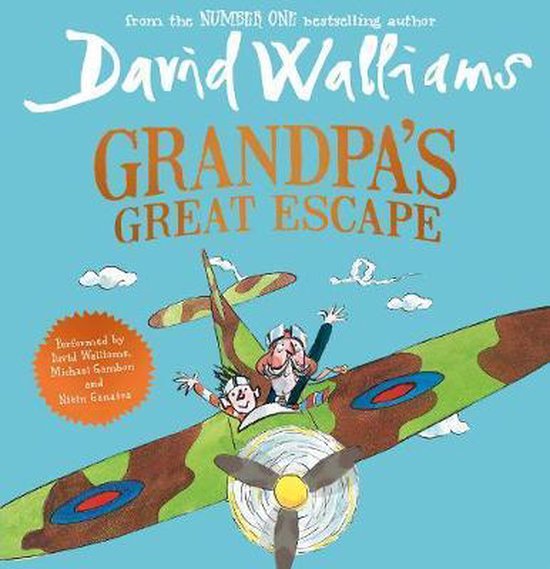 Boekomslag 'Grandpa's Great Escape' van David Walliams, met een vliegtuigje en twee figuren.