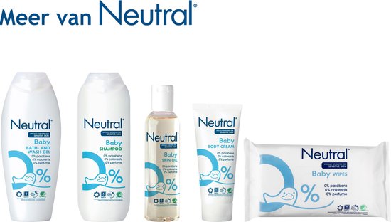 Vijf producten van Neutral voor baby's: wash gel, shampoo, skin oil, body lotion en wipes.