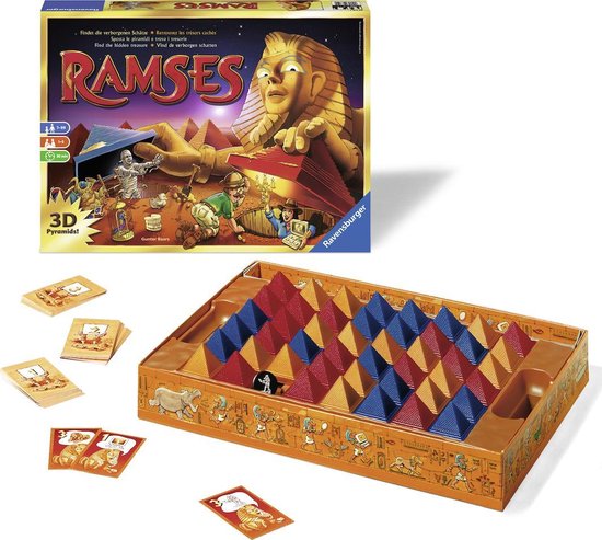 Bordspel Ramses doos en spelbord met piramides, kaarten en fiches.