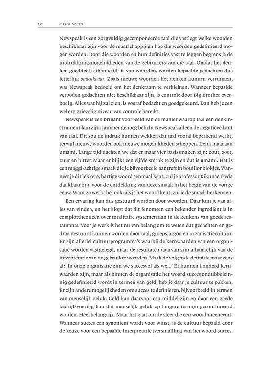 Pagina 12 van het boek 'Mooi Werk' met tekst over Newpeak, smaak en cultuur.