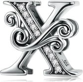 Zilveren alfabet bedel letter X met transparante zirkonia steentjes