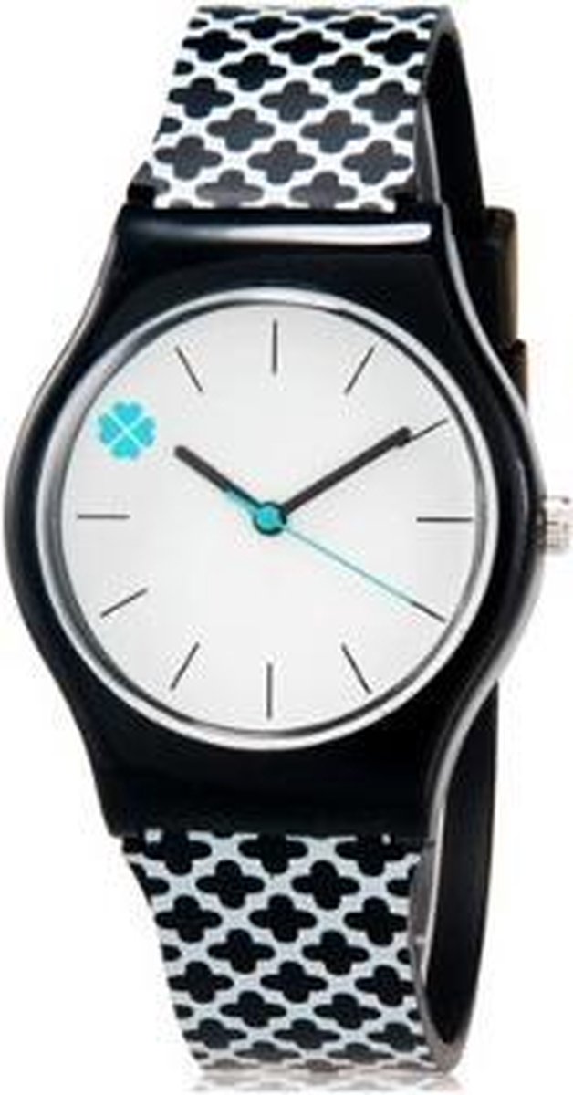 Siliconen meisjes horloges - klavertje 4 - zwart-wit patroon - 35 mm - I-deLuxe verpakking