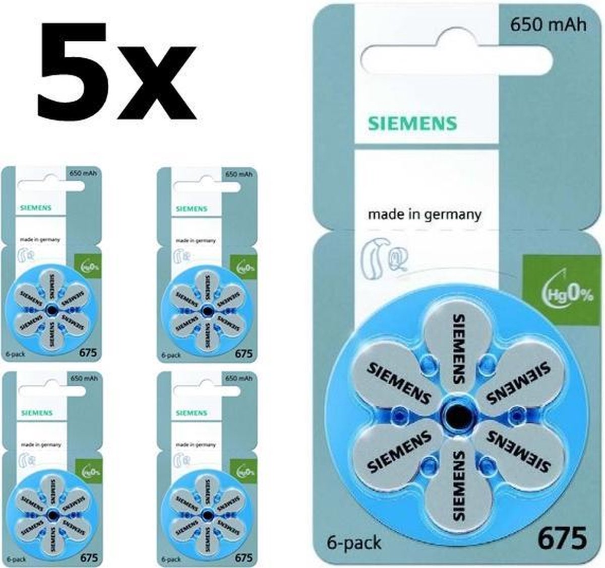 30 stuks (5 Blisters a 6St)- Siemens 675MF Hg 0% Gehoorapparaat batterijen 650mAh 1,45V