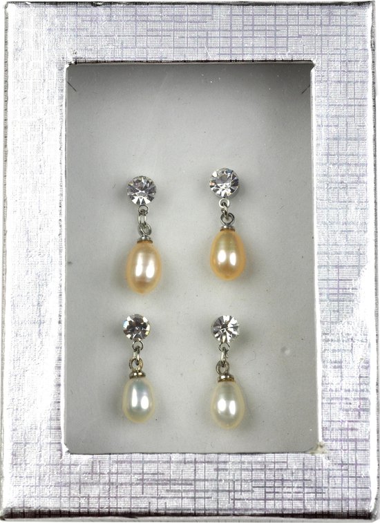 Zoetwater parel oorbellen cadeau set Big Crystal Pearl W-Pe - oorstekers - echte parels - wit - zalm - stras steentjes - geschenkverpakking