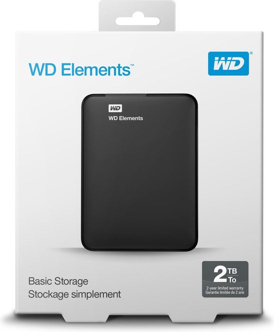 Verpakking van de WD Elements 2TB draagbare harde schijf.