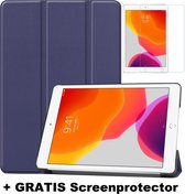 Tablet hoes geschikt voor Ipad 10.2 Inch 2019 / 2020 / 2021 - Tri-Fold Book Case + Screenprotector - Donker Blauw
