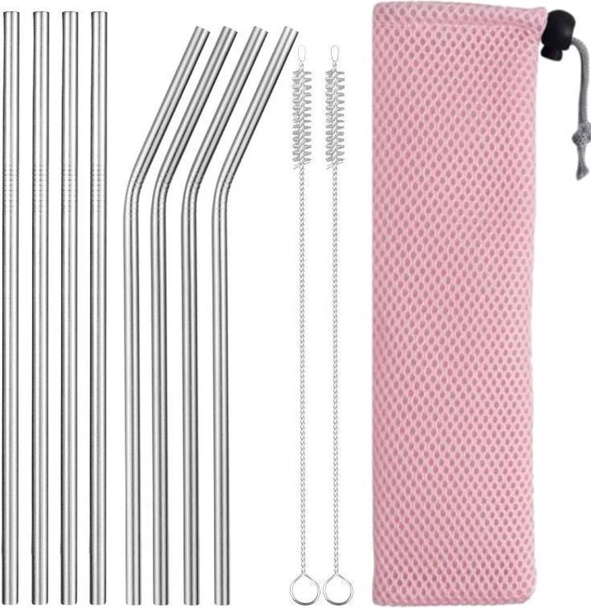Fako Bijoux® - RVS Rietjes Set - 8 Herbruikbare Rietjes - 4 Recht en 4 Gebogen - Herbruikbaar - 21 cm - Stijlvol - Incl 2 Schoonmaakborstels en Mesh Zakje - Roze
