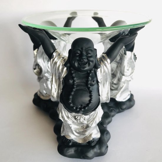 Oliebrander lachende Boeddha's met los glazen schaal 11.5cm Aromabrander aromatherapie