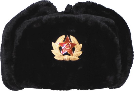 Chapeau de fourrure russe noir avec emblème - TAILLE M