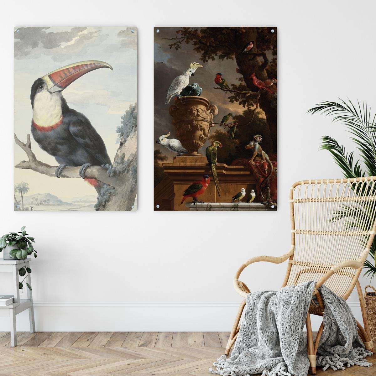 Omkeerbaar schilderij: Roodsnaveltoekan met het prachtige: Menagerie, Melchior d'Hondecoeter op aluminium dibond