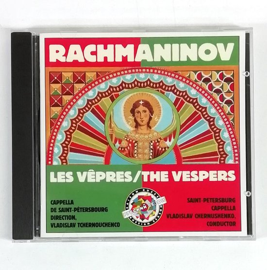 Cd-hoes met art deco-stijl illustratie voor Rachmaninov's "Les Vepres/The Vespers".
Groene en rode achtergrond met gouden details. In het midden een portret van een figuur.