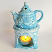 Oliebrander theepot licht blauw keramiek 8.5x8.5x14cm Aromabrander voor geurolie of wax smelt