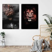 Kunst: Dubbelzijdig en omkeerbaar: Portret van een leeuw met Grizzly in the mist op aluminium dibond