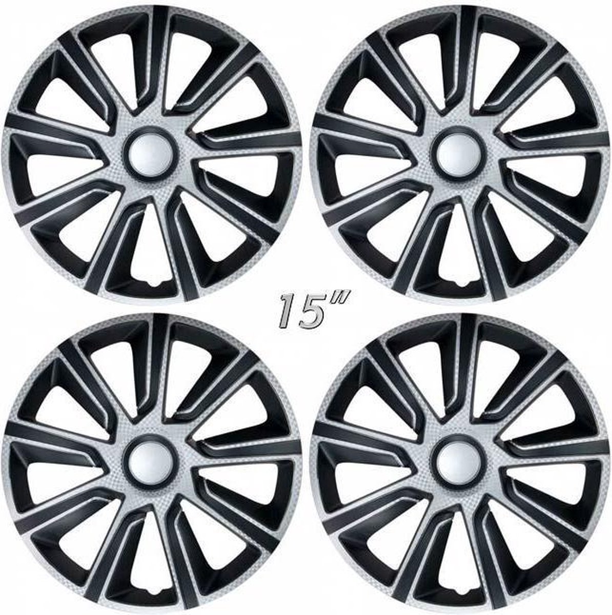 Wieldoppen VERONIQUE-SB 15 inch 3D zilver carbon-look/zwart (set a 4 stuks in doos)