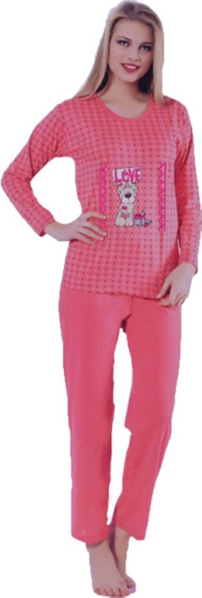 Dames Pyjama – Lange mouw / broek – Roze / Oranje “Hond Love” - 100% katoen  –Jersey -... | bol.com