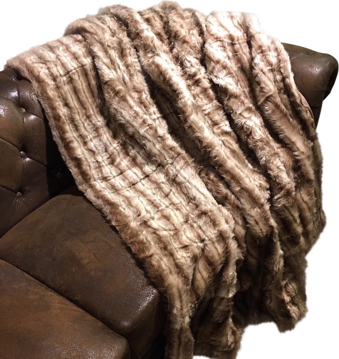 Plaid Woondeken Imitatiebont Bruin/Beige/Streep 180x150 cm